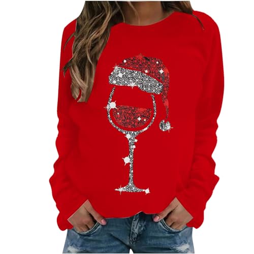 QIGUANDZ Women Simple Chirtsmas Red Wine Glass Graphic Sweatshirts Raglan Sleeve Round Neck Casual Pullover Holiday Tops