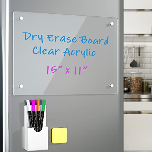 Note Board Refrigerator Dry Erase Board Magnetic Clear 15”x11' Includes 4 Dry Erase Markers (White)