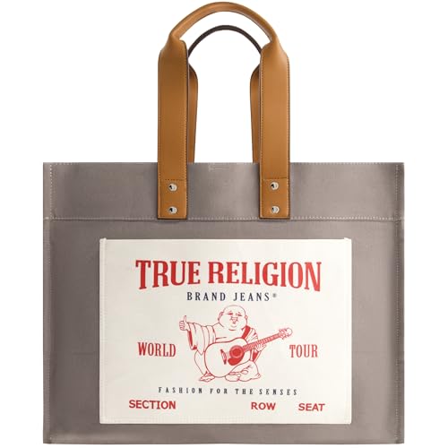True Religion Large Tote Bag, Canvas Travel Carryall Shoulder Handbag, Grey