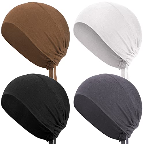 4 Pieces Women Under Scarf Hat Hijab Cap Islamic Muslim Under Scarf Turban Beanie Cap (Black, White, Grey, Brown)