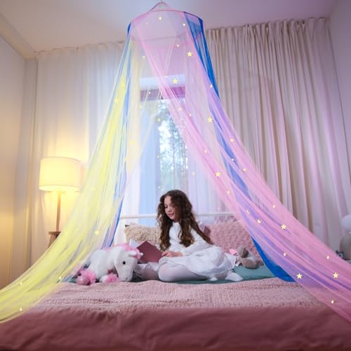 Bollepo Bed Canopy for Girls with Glowing Stars - Canopy Bed Curtains | Fits Single, Twin, Full, Queen Size Kids - Princess Bed Canopy | Rainbow Bedroom Accessories, Netting Room Decor, Ceiling Tent