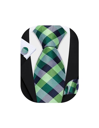 Barry.Wang Men Tie Set Plaid Check Green Black Silk Necktie Pocket Square Cufflinks Formal Wedding Party Business