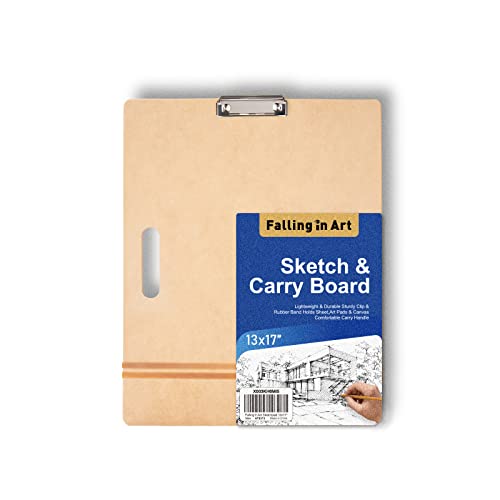 Falling in Art 13x17 Sketch Board, Drawing Tote Board for Artists with Sturdy Clip and Rubber Bands, Portable Art Clipboard for Classroom and Studio Drawing