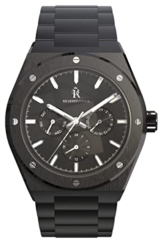 REVERED KINGS Men’s Chronograph Watch, Stainless Steel case and Band Sapphire Crystal, Japanese Quartz Movement, Waterproof. (Black)