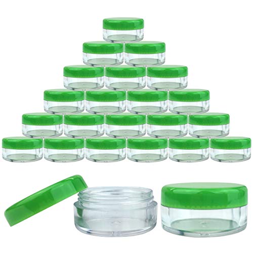 (Quantity: 25 Pieces) Beauticom 5G/5ML Round Clear Jars with GREEN Lids for Lotion, Creams, Toners, Lip Balms, Makeup Samples