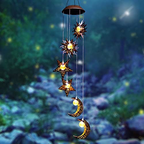 Tryme Solar Wind Chimes for Outside with Sun Moon Star Solar Hanging Lights Outdoor Windchimes Garden Decor Mom Gifts for Mothers Day Grandma Neighbors