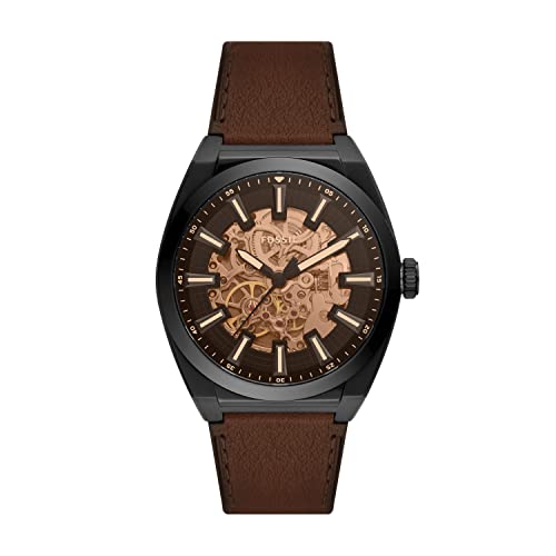 Fossil Men's Everett Automatic Stainless Steel and Leather Three-Hand Watch, Color: Black, Brown (Model: ME3207)