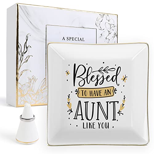 JAUVIE Blessed to Have an Aunt like You Jewelry Dish Tray - Mothers Day Gifts For Aunts - Best Aunt Ever Gifts Ceramic Ring Holder - Funny Niece Gifts from Auntie for Christmas, Valentines, Graduation