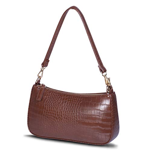 NIUEIMEE ZHOU 90s Small Shoulder bag with 2 Removable Straps Cross Body Clutch Purse Handbag for Women (Brown With Croc Pattern)