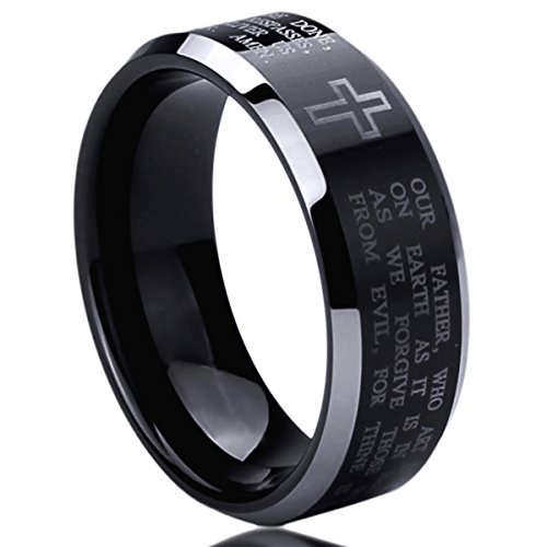 8mm Stainless Steel Wedding Band Ring for Men & Women Lord's Prayer Engraved Cross Praying Ring for Men & Woman SZ: 6