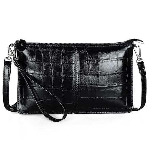 befen Black Leather Chic Crocodile Alligator Wristlet Clutch Wallet Purse Small Fashion Crossbody Bag for Women