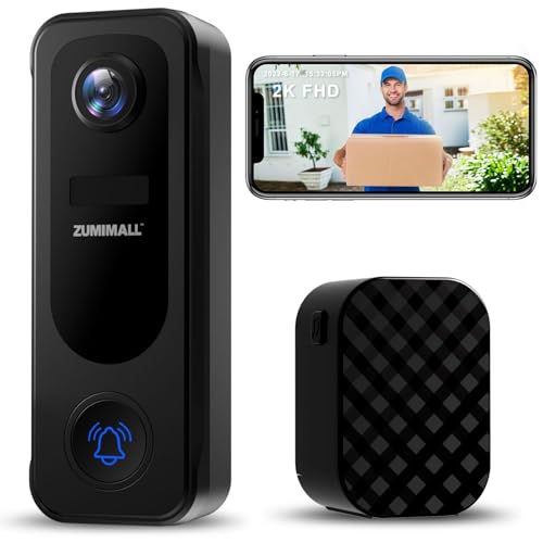 ZUMIMALL Doorbell Camera Wireless 2K FHD, Video Doorbell with Chime, 2 Way Audio, Voice Changer, 30s Voice Message, Anti-Theft Siren, AI Motion Detector, Cloud Storage, 2.4G WiFi, Battery Powered