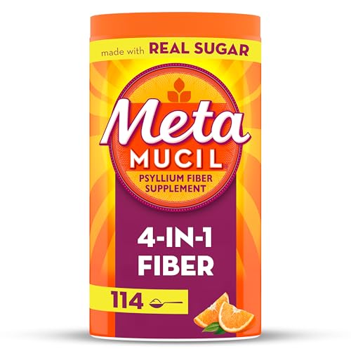 Metamucil 4-in-1 Fiber Supplement for Digestive Health, Psyllium Husk Fiber Powder, Fiber Supplement with Real Sugar, Orange Flavored, 114 tablespoons