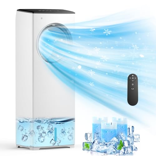 Evaporative Air Cooler, 3-IN-1 Swamp Cooler 26ft/s, Portable Air Conditioners Windowless w/Remote, 15H Timer, 80°Oscillation, Water Tank, 3 Ice Packs, Ac Cooling Fan for Indoor Room Bedroom