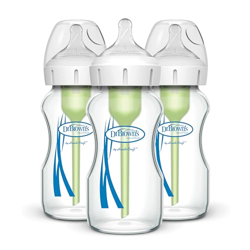 Dr. Brown's Natural Flow Anti-Colic Options+ Wide-Neck Glass Baby Bottles 9 oz/270 mL, with Level 1 Slow Flow Nipple, 3 Pack, 0m+