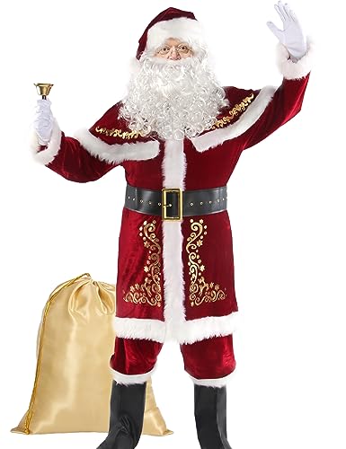 Opemon Adult Deluxe Velvet Santa Claus Costume 12pcs Set Santa Claus Suit Outfit for Men in Christmas Holiday XL