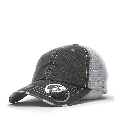The Vintage Year Washed Cotton Low Profile Mesh Adjustable Trucker Baseball Cap (Distressed Black)
