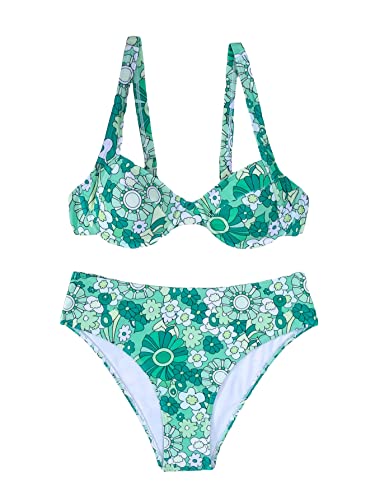 SHENHE Women's Underwire Bikini Floral Print Two Piece Bikini Set Swimsuit Green S