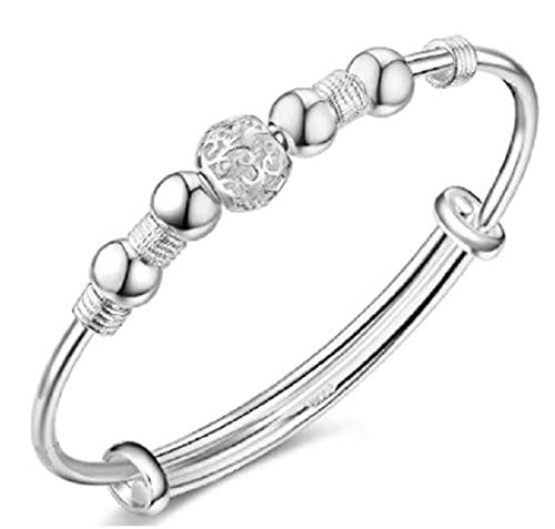 LMCIEZR Women's Simple Sterling Silver Beads Bangle Bracelet Transfer Lucky Beads Bracelet Cuff Bracelet Bangle with Open Design