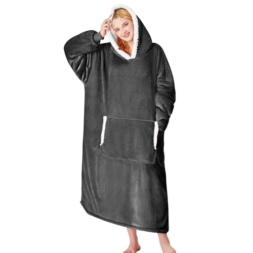 yescool Oversized Wearable Blanket Hoodie, Flannel Sherpa Fleece Blanket Sweatshirt for Adults Women Men, Big Plush Cozy Hooded Blanket with Hood, Pocket & Sleeves, One Size Fits All (Grey)