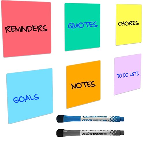 Reusable Dry Erase Sticky Notes - 6 Pack of 4'x4' Multi Color Post It Notes - Small White Board Dry Erase Stickers - 2 Magnetic Whiteboard Markers- Great for Labels, Lists, Reminders and Decals