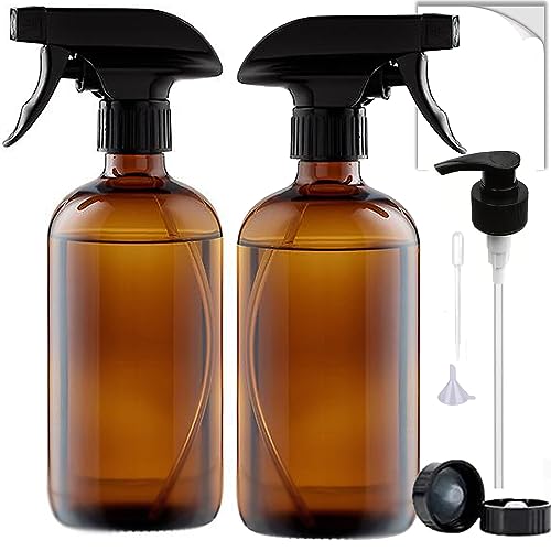 HAOERMEI 16 oz Amber Glass Spray Bottles - 2 Pack Refillable Empty Bottle for Cleaning Solutions, Essential Oils, Plants, Hair Mister - with Pump,Labels &Funnel, Dropper (Amber-2PACK)