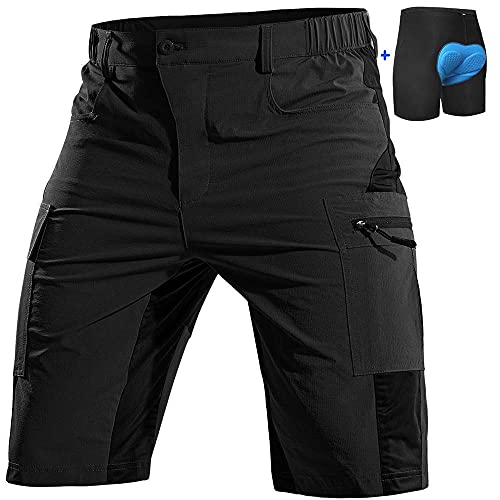 Cycorld Mountain-Bike-Shorts-Mens-Padded Biking Baggy Cycling Short Padding Liner with Zip Pockets(Black,Large)