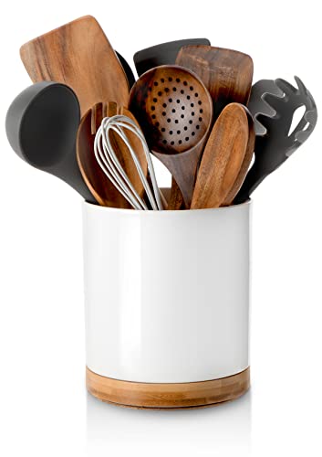 Nucookery 360° Rotating Utensil Holder, 7.2' Large Utensil Crock, White Ceramic Cooking Utensil Organizer with Countertop-Protection Cork Bottom for Farmhouse Kitchen Decor Gift (White)