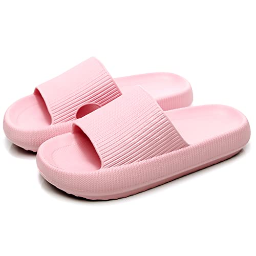 rosyclo Cloud Slippers for Women and Men, Pillow Slippers Massage Shower Bath Bathroom Soft Comfy Thick Sole Lady Garden House Cloud Cushion Slide Sandals Platform Shoes Size 6 6.5 7 Pink
