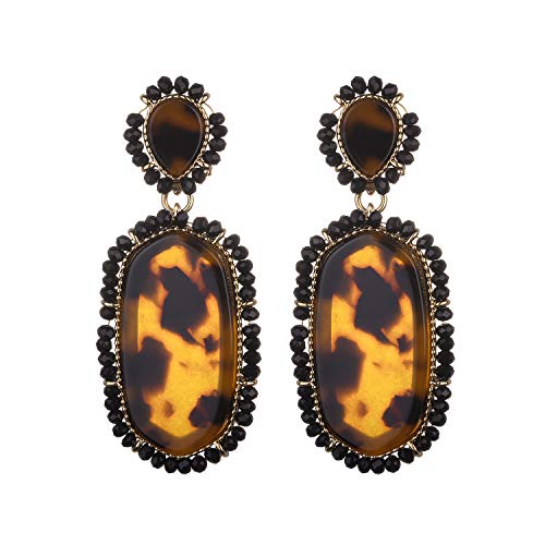 Nicole Miller New York Large Leopard Print Oblong Shaped Acrylic Black Beads Fashion Dangle Earrings