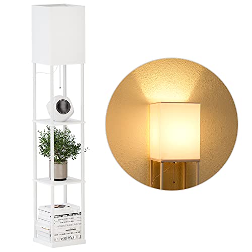 SUNMORY Shelf Floor Lamp with 3-Way Dimmable LED Bulb, Modern Square Standing Lamp with Shelves and White Shade, Corner Display Bookshelf Lamp for Living Room and Bedroom(White)