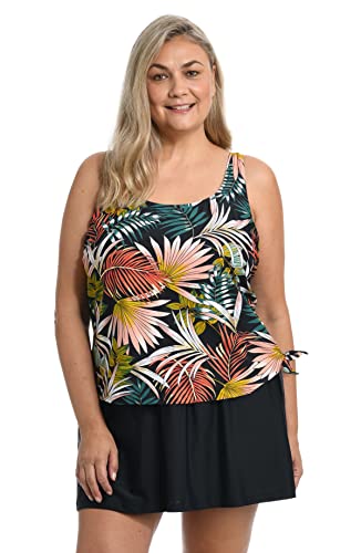 Maxine Of Hollywood womens Scoop Neck Faux Tankini Dress One Piece Swimsuit, Multi Palms and Fronds, 18 Plus