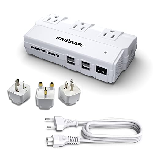 K KRIËGER Universal Travel Adapter, Step Down Transformer 200 Watt Capacity, International Power Adaptor w/ 4 USB Ports 6A Total Charging, 3 AC Outlets for USA EU UK AUS Worldwide Plug Adapter