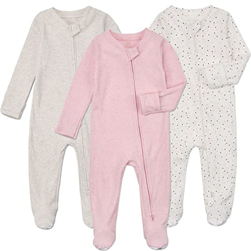 Aablexema Baby Footie Pajamas with Mittens - 3 Pcs Infant Girls Boys Footed Sleeper Newborn Cotton Sleepwear Outfits(GKPD01(Zipper), 0-3 Months)