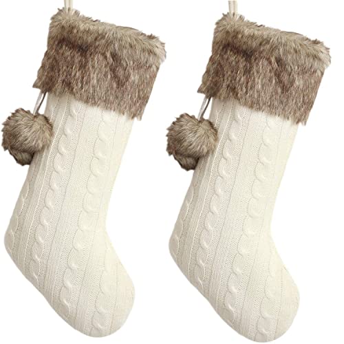 Gireshome Set of Two Ivory Cable Knitted Body, Faux Fur Cuff with Faux Fur Fluffy Pompom Ball Christmas Stocking, Xmas Tree Decoration Festival Party Ornament - 10'x18'