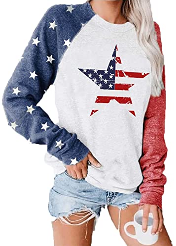 BKTOPS Star Print Colorblock Sweatshirt Womens Long Sleeve American Flag 4th of July Pullvoer Blouse Sweatshirt, Z-white, Medium