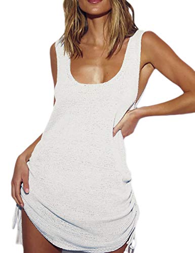 Bsubseach Women Crochet Backless Bikini Bathing Suit Cover Ups Summer Scoop Neck Knitted Beach Tank Dress White