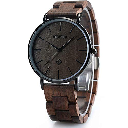 BEWELL Wooden Watches for Men Women Slim Analog Quartz Minimalist Couple Wrist Watch W163A (Mens-Black)