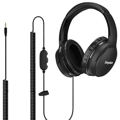 Joysico 19.5Ft / 6M Extra Long Cord Headphones for TV PC with Volume Control, Spring Coiled Cable, 3.5mm AUX, Wired Over Ear Earphones for Seniors Hard of Hearing, Large Comfortable Computer Headset