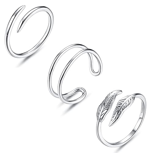 MILACOLATO 925 Sterling Silver Rings Set 18K White Gold Plated Two Row Feather Twist Eternity Band Rings Open Adjustable Stackable Knuckle Pinky Rings for Women Girl