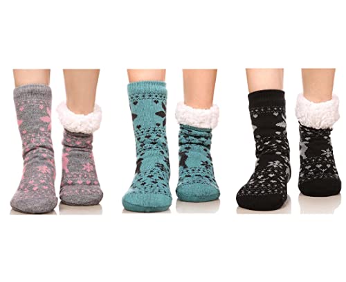 FRALOSHA Women's Slipper Socks Warm Fuzzy Fleece-lined Indoor Anti-Skid Floor Socks 3 Pairs Christmas Sock