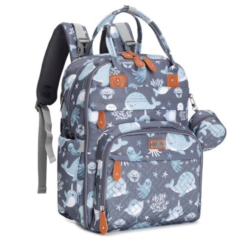 BabbleRoo Baby Diaper Bag - Laptop Backpack, Sea Animals, Unisex, 12'x8'x16.5', 26L