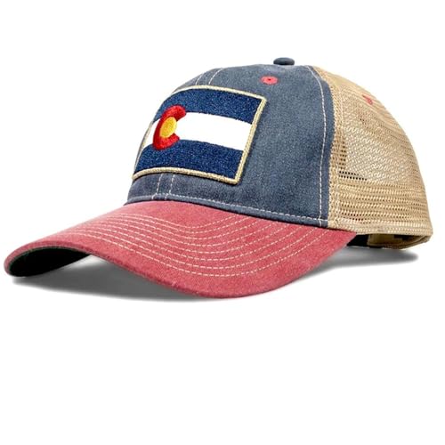YoColorado Denim Flag Patch Colorado Trucker Hats for Men & Women - Double Snapback, Custom Outdoor Cap, Adults One Size