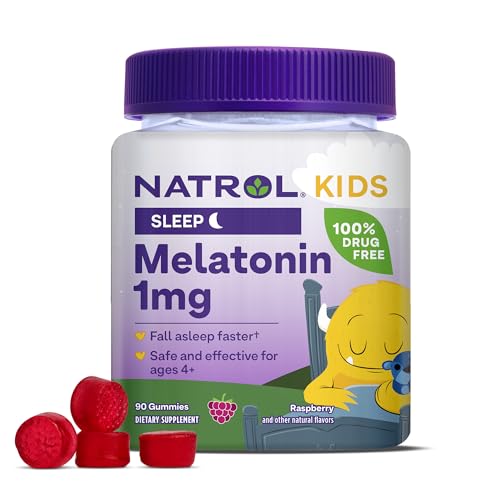 Natrol Kids Melatonin 1mg, Supplement for Restful Sleep, Sleep Gummies for Children, 90 Raspberry-Flavored Melatonin Gummies, 90 Day Supply