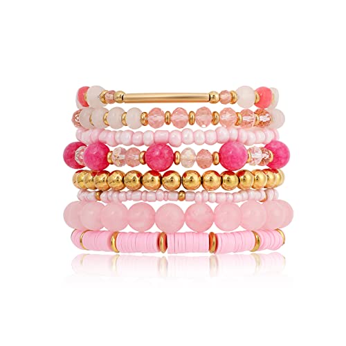 8 Pcs Pink Bracelet for Women Girls, Bohemian Multi-Layer Beaded Stacking Summer Pink Bracelets Barbie Jewelry Gifts, Strand Stretch Sparkly Crystal Beads Wrap Slip-on Cuff Bangle Bracelet Set Gift
