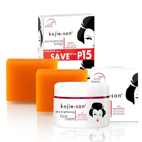 Kojie San Skin Brightening 2 Piece Set - Original Kojic Acid Soap that Reduces Dark Spots, Hyperpigmentation, & Scars with Coconut & Tea Tree Oil – 65g x 2 Bars & 30g Face Cream