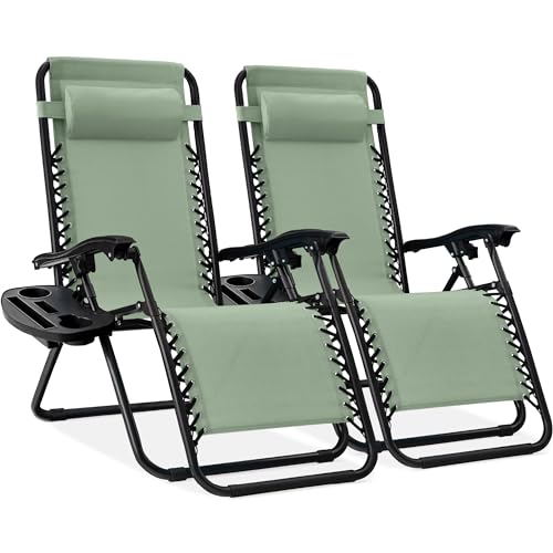 Best Choice Products Set of 2 Adjustable Steel Mesh Zero Gravity Lounge Chair Recliners w/Pillows and Cup Holder Trays - Sage Green