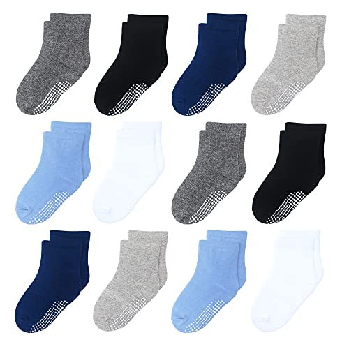 HYzgb Toddler Boys Socks 3T-4T-5T with Grippers 12 Pairs Little Kids Socks Non Slip Grips Cotton Crew Toddler Socks for Boys 3-4-5 Years Old (Black/White/Gray/Skyblue)