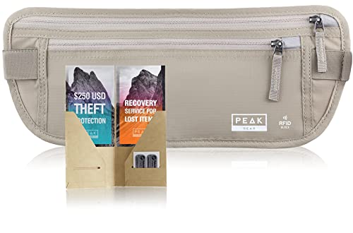 Peak Gear Travel Money Belt. Premium Quality Travel Wallet with RFID Blocking Fabric to Protect Credit Cards, Passports and Documents. Exclusive Theft Protection and 2 Recovery Tags | Regular | Beige