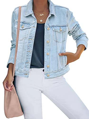 luvamia Women's Casual Basic Button Down Stretch Regular Fit Long Sleeves Denim Jean Jacket Jean Jackets for Women Fashion Azure Mood Size Large Fits Size 12 / Size 14
